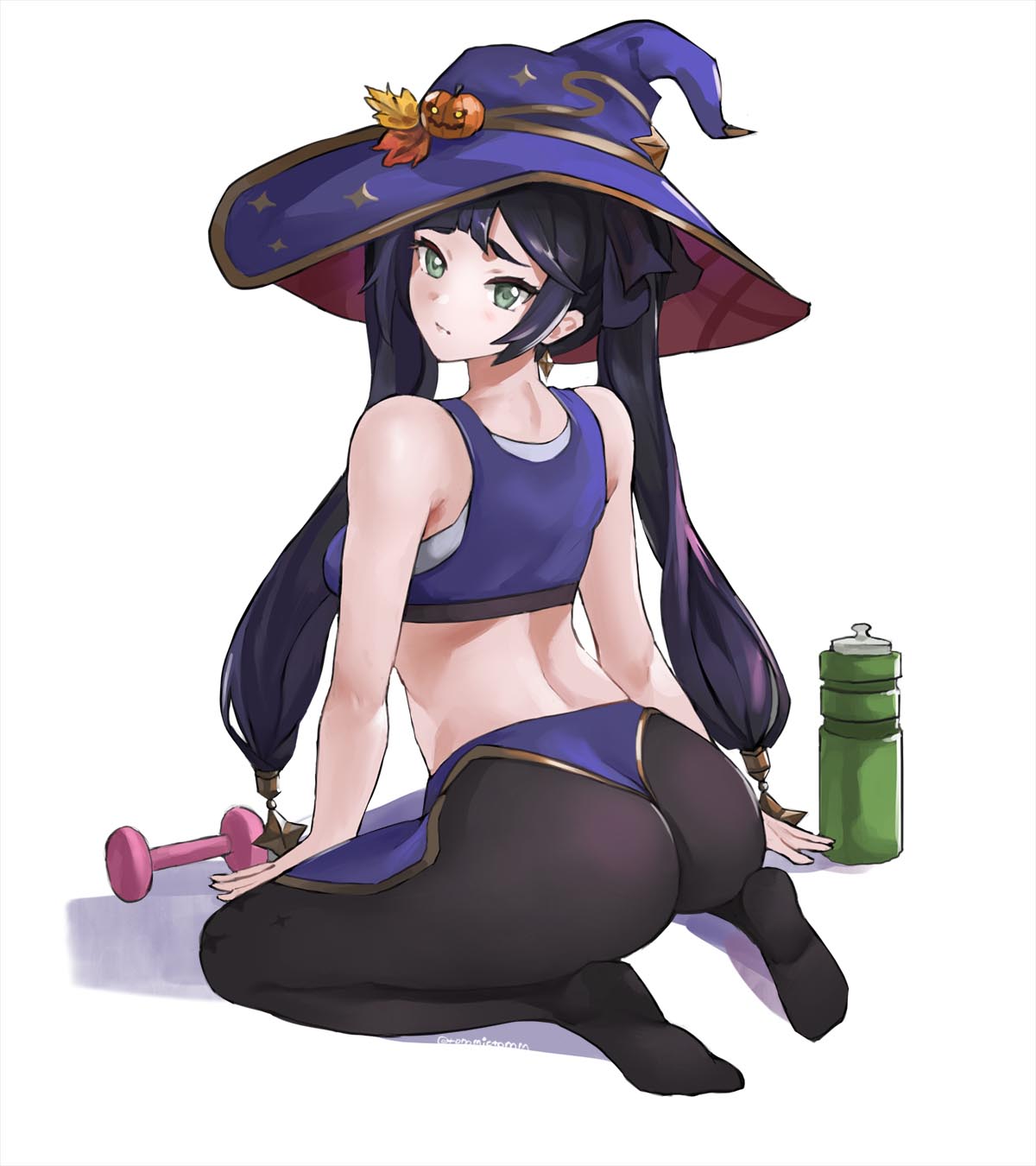 1girls ass drink dumbbell feet female genshin_impact kneeling leggings looking_at_viewer mona_(genshin_impact) pantyhose sports_bra tommietomm witch_hat workout