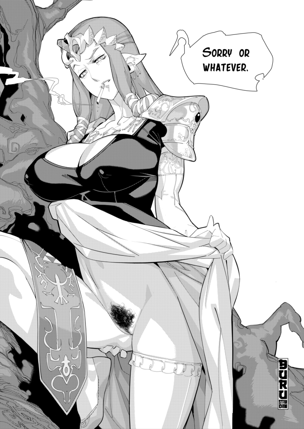 1girls, breasts, burustandin, cigarette, female, female focus, female only, lifting skirt, long hair, looking at viewer, medium breasts, nintendo, princess zelda, pubic hair, smoking, solo, the legend of zelda, twilight princess, zelda (twilight princess)