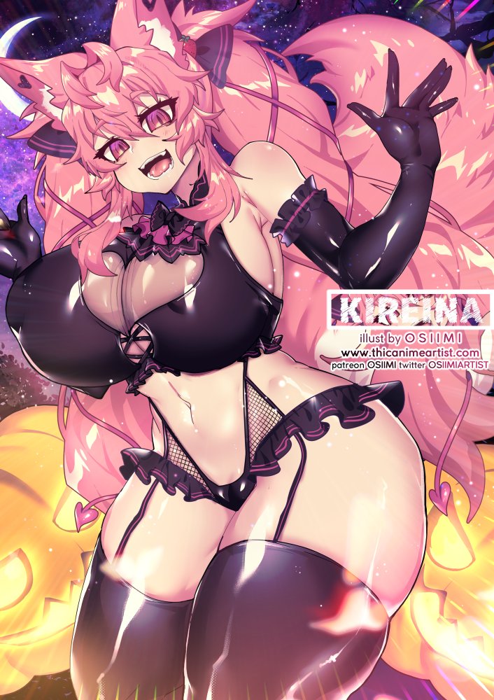 big breasts, breasts, curvy, elbow gloves, female, fox ears, fox girl, fox tail, gloves, halloween, halloween costume, huge breasts, kireina pinky fox, latex, latex gloves, looking at viewer, microskirt, midriff, open mouth, original, osiimi, pink eyes, pink fur, pink hair, pinky fox (osiimi), thick thighs, thighhighs, twin braids, virtual youtuber, wide hips