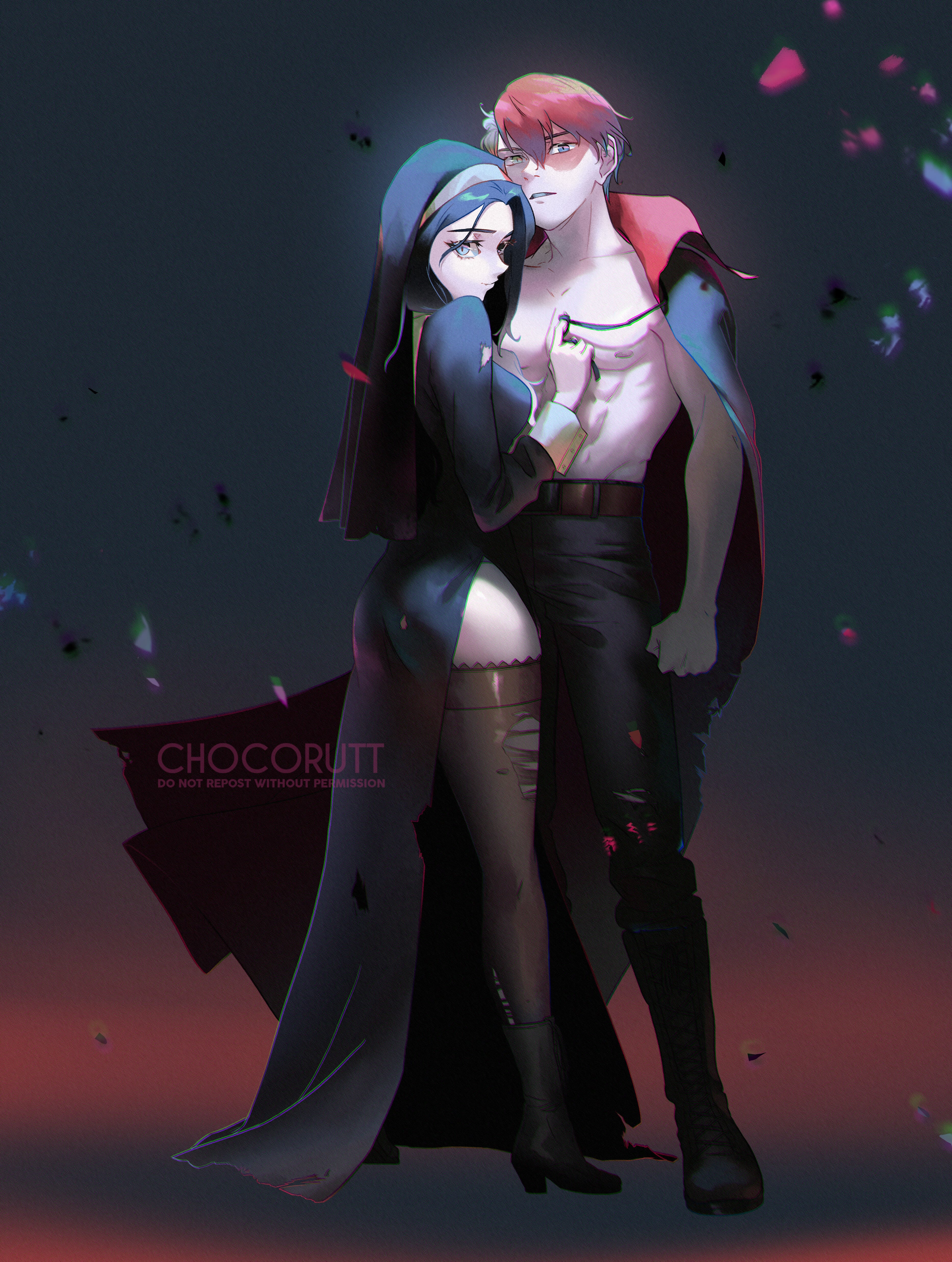 1boy, 1girls, black hair, black-haired female, chocorutt, fanon couple, female, halloween, looking at viewer, male, momo yaoyorozu, my hero academia, nun, red hair, red-haired male, safe, shirtless, shouto todoroki, todoroki shouto, two-tone hair, vampire, white hair, white-haired male, yaoyorozu momo