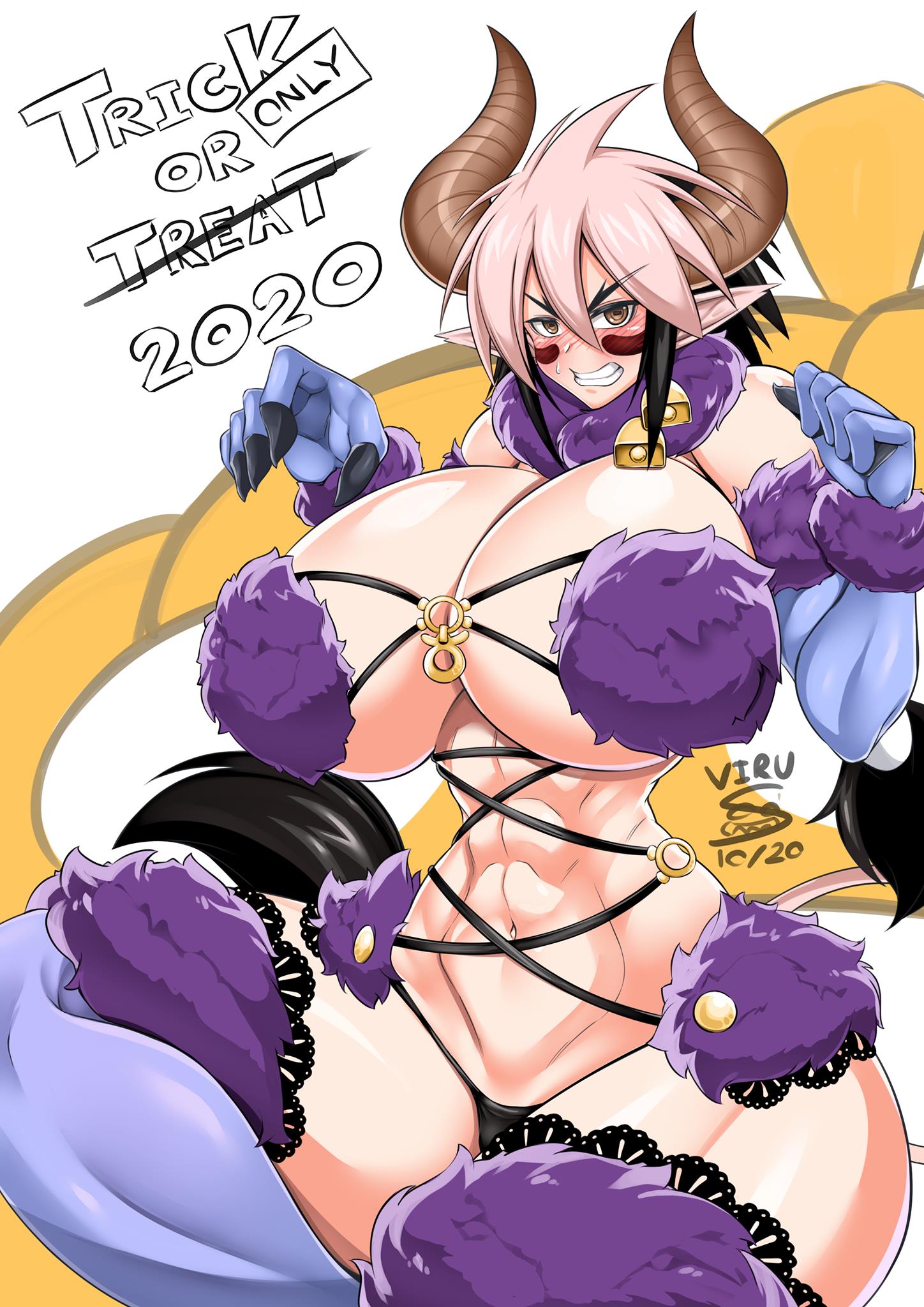 2020 5_fingers angry animal_ears big_breasts black_hair blush bovine bovine_humanoid breasts breasts_bigger_than_head brown_eyes cathyl_(monster_musume) cow_ears cow_girl cow_horns cow_tail cowbell english_text eyebrows_visible_through_hair female female_minotaur gigantic_breasts halloween horns huge_breasts large_breasts micro_bikini minotaur minotaur_female minotaur_girl monster_girl monster_musume monster_musume_no_iru_nichijou multicolored_hair muscular muscular_female naughty_face nervous open_mouth pale-skinned_female pale_skin pink_hair short_hair simple_background sitting tail taller_girl thick_thighs trick_or_treat virusotaku