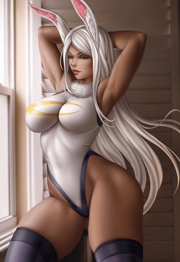1girls, big breasts, breasts, child bearing hips, dark skin, dark-skinned female, female, female only, flowerxl, large breasts, looking at viewer, miruko, my hero academia, one-piece swimsuit, rabbit humanoid, rumi usagiyama, solo, swimsuit, thick thighs, thighhighs, wide hips