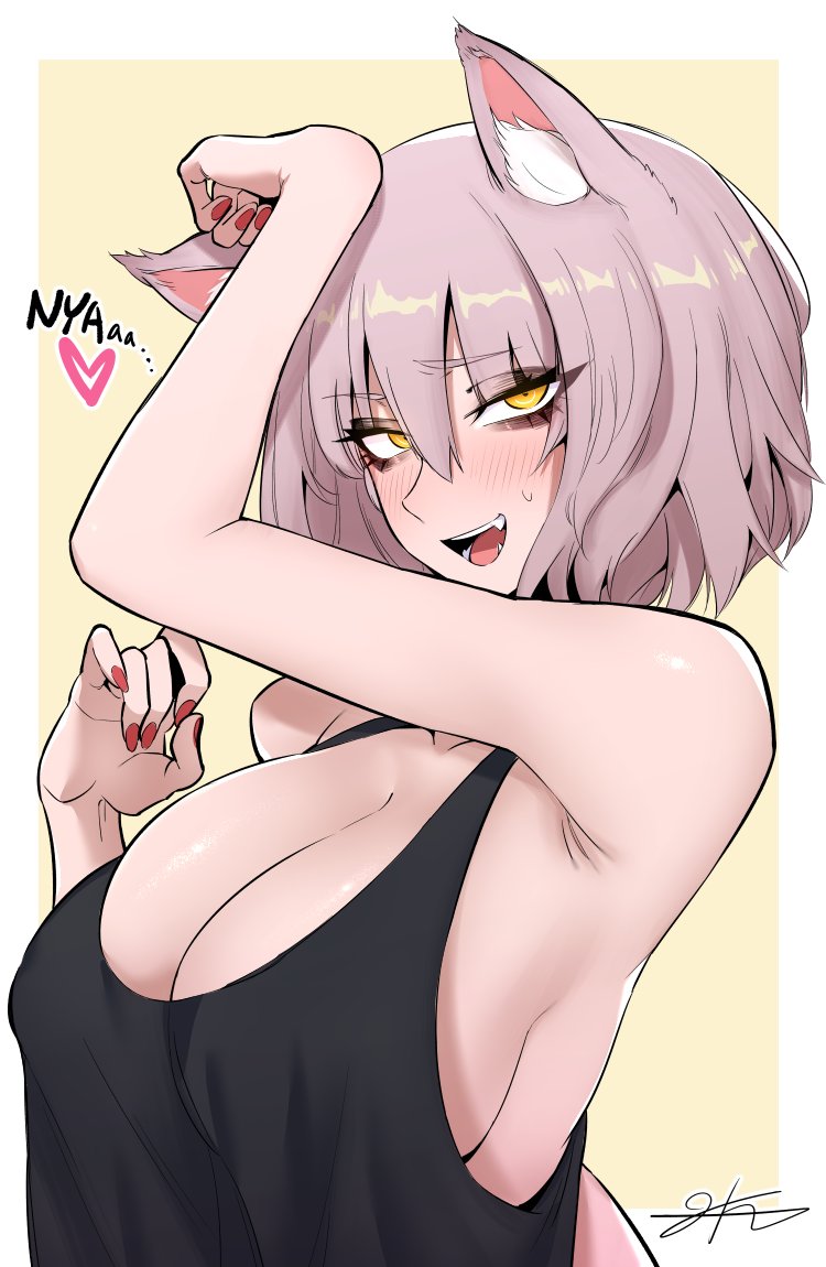 1girls big_breasts blush cat_ears catgirl eyeshadow fangs grey_hair heart huge_breasts j.k. looking_at_viewer short_hair sideboob sweatdrop tank_top white_hair yellow_eyes