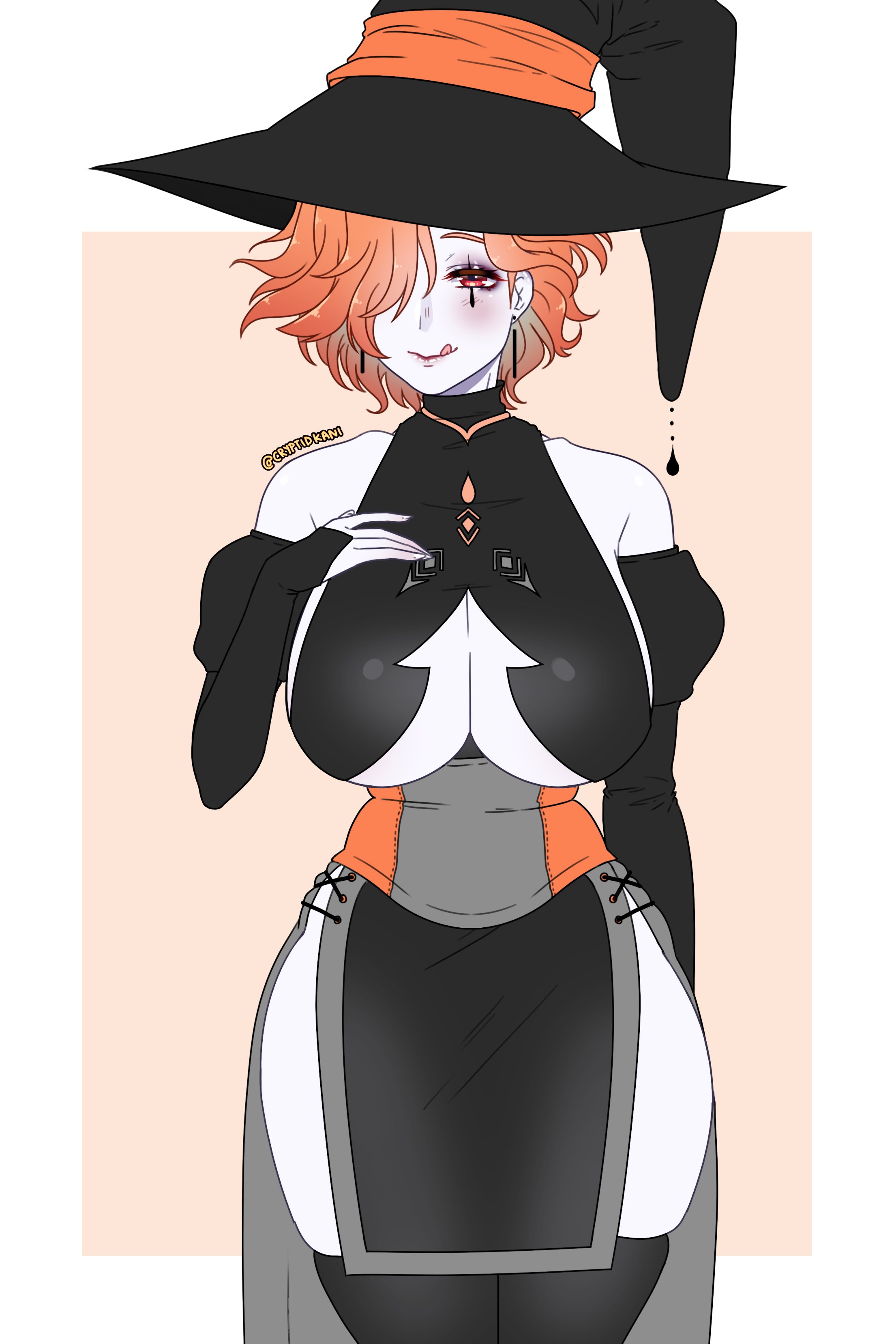 1girls, bare thighs, big breasts, blue skin, blush, breasts, cryptid crab, facial mark, female, fire emblem, fire emblem: three houses, halloween, halloween costume, huge breasts, kronya (fire emblem), large breasts, licking lips, looking at viewer, milf, nintendo, one eye covered, orange hair, pelvic curtain, red eyes, safe, sideboob, solo, solo female, thick thighs, thighhighs, thighs, tongue, tongue out, underboob, wide hips, witch, witch hat