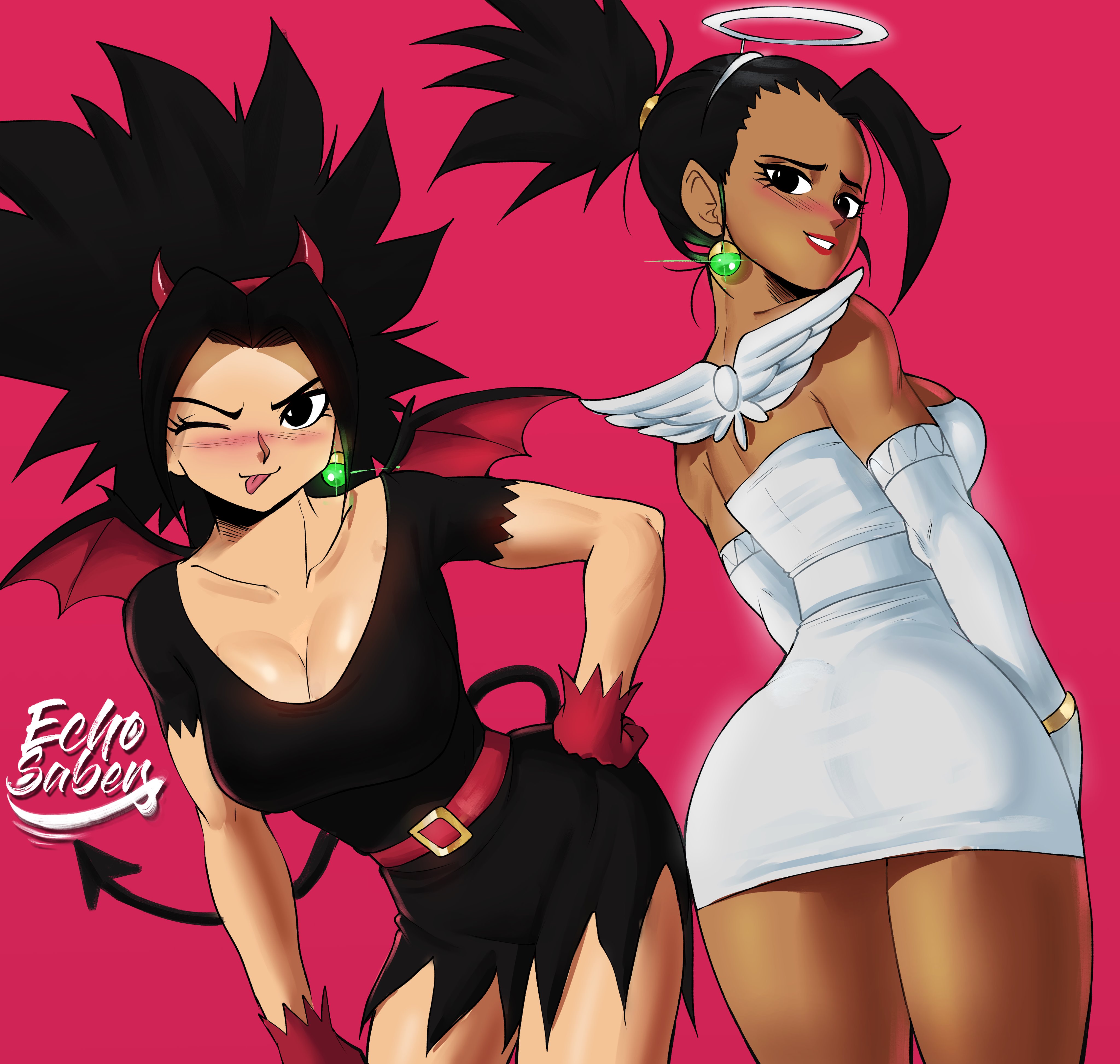 2girls, angel, angel and devil, angel costume, angel wings, ass, black hair, breasts, caulifla, demon, demon girl, devil costume, dragon ball, dragon ball super, echosaber, elbow gloves, female, female only, female saiyan, gloves, halloween, halloween costume, halo, horns, kale, light skin, light-skinned female, looking at viewer, looking back, potara earrings, saiyan, shounen jump, tan skin, tan-skinned female, thick thighs, thighs, tongue, tongue out, tournament of power, universe 6, wink