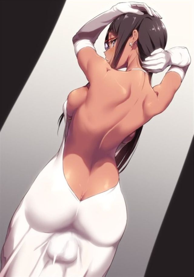 1futa aida_takanobu ass back back_view backsack balls black_hair breasts brown_eyes brown_hair bulge clothed clothing dark-skinned_futanari dark_skin dress futa_only futanari gloves human long_gloves long_hair looking_back lowres mostly_clothed sideboob solo solo_futa white_background white_outfit