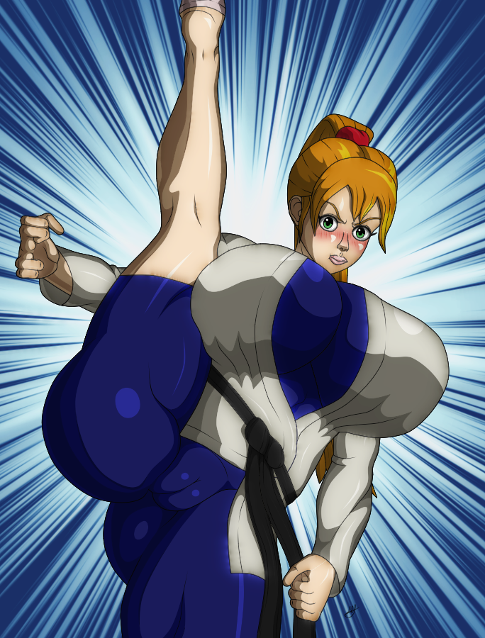 1girls big_breasts breasts female female_only green_eyes high_kick huge_breasts karate karate_gi leg_up looking_at_viewer one_leg_up orange_hair solo