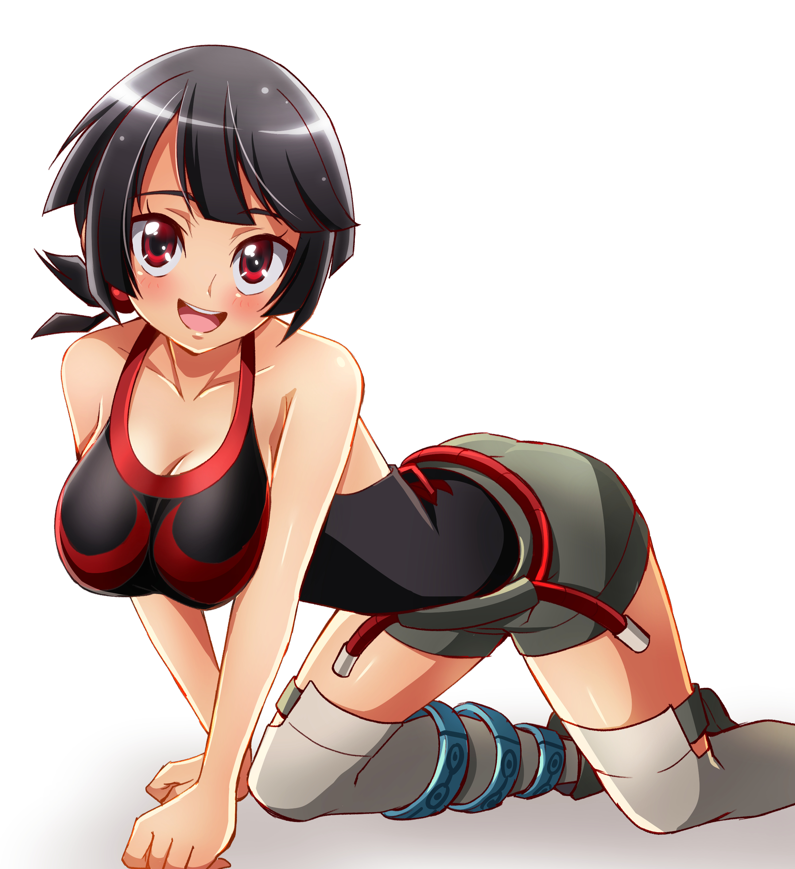 all fours, big breasts, black hair, breasts, female, hanging breasts, on all fours, pokemon, red eyes, sharumon, shoulders, smile, tank top, thighs, zinnia (pokemon)