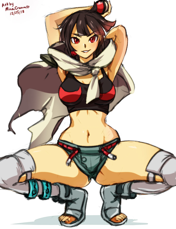 1girls, anklet, belly button, black hair, black-haired female, breasts, cape, cloak, female, looking at viewer, midriff, minacream, pokemon, pokemon oras, red eyes, sports bra, squatting, thick thighs, thighs, toes, zinnia (pokemon)