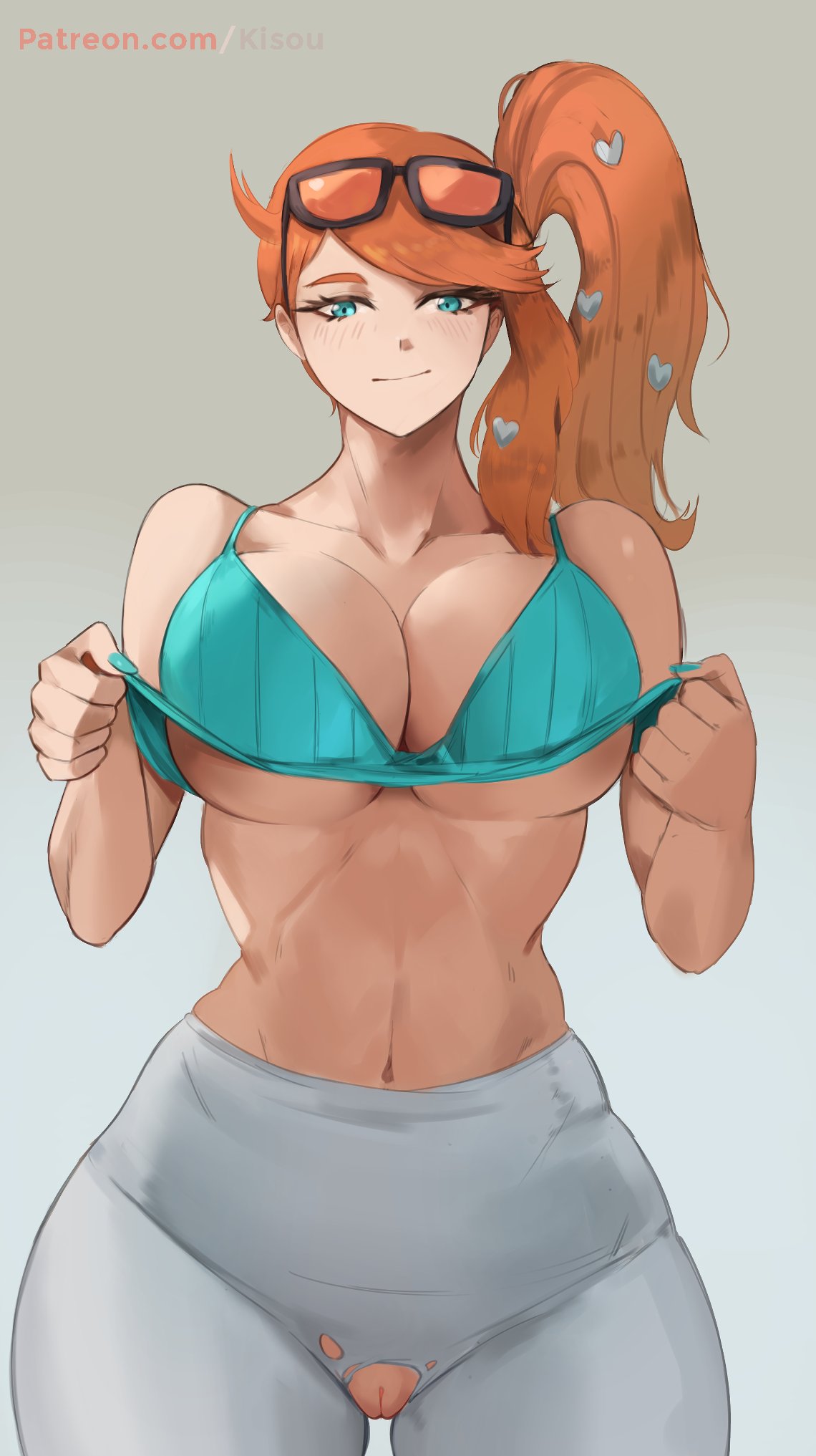 1girls, alternate breast size, aqua eyes, big breasts, breasts, curvy figure, eye contact, female, glasses, glasses on head, hair ornament, kisou, large breasts, looking at viewer, nintendo, orange hair, orange-haired female, pokemon, pokemon ss, ponytail, pussy, side ponytail, smile, solo, sonia (pokemon), standing, thick thighs, thighs, torn pants, uncensored, wide hips, yoga pants