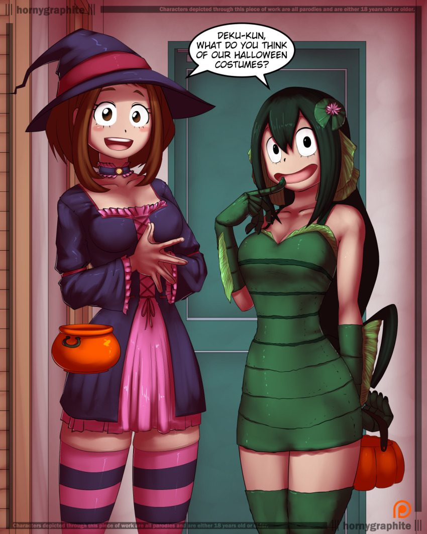 2girls, blush, brown hair, brown-haired female, english text, female, green hair, green-haired female, halloween, halloween costume, hornygraphite, lily pad, my hero academia, ochako uraraka, smile, text, tsuyu asui, witch, witch hat
