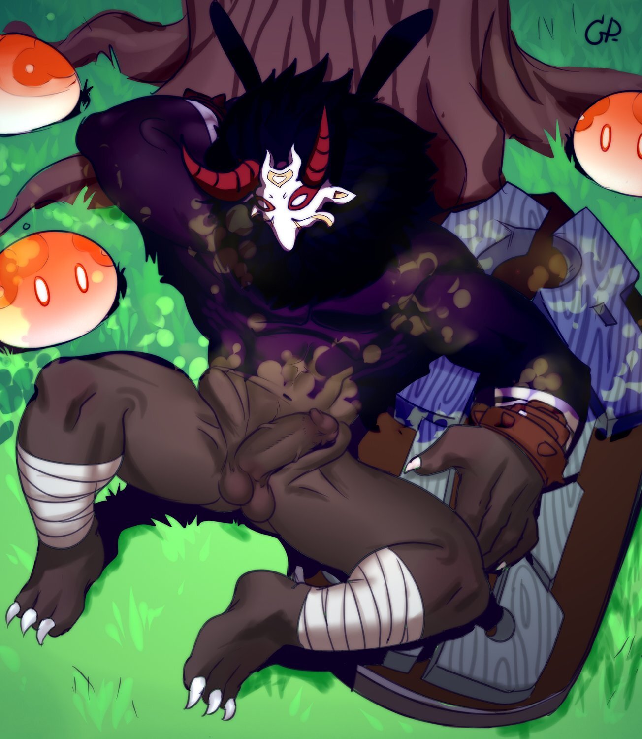 balls, bracelet, claws, genshin impact, hilichurls (species), horns, laying down, male, male only, mane, mask, mitachurl, penis, shield, slime, solo, solo male