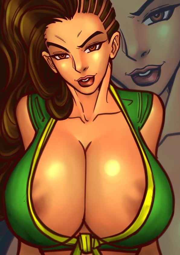 1girls, areola slip, areolae, brazilian, brazilian female, breasts, brown eyes, brown hair, cleavage, female, female only, large breasts, laura matsuda, lipstick, long hair, looking at viewer, mascara, ngtvisualstudio, raised eyebrow, smile, smirk, solo, street fighter, tan skin