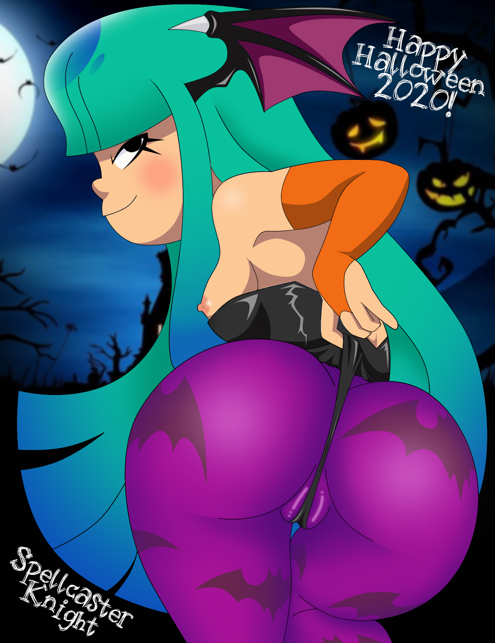 1girls, aged up, ass, ass focus, big ass, bodysuit, breasts, breasts out, capcom, clothing, cosplay, crossover, darkstalkers, disguise, exposed breasts, fat mons, female, glitch techs, halloween, halloween costume, looking at viewer, looking back, miko kubota, morrigan aensland, morrigan aensland (cosplay), netflix, nickelodeon, panties aside, panty pull, small breasts, smile, solo, solo female, solo focus, spellcaster knight
