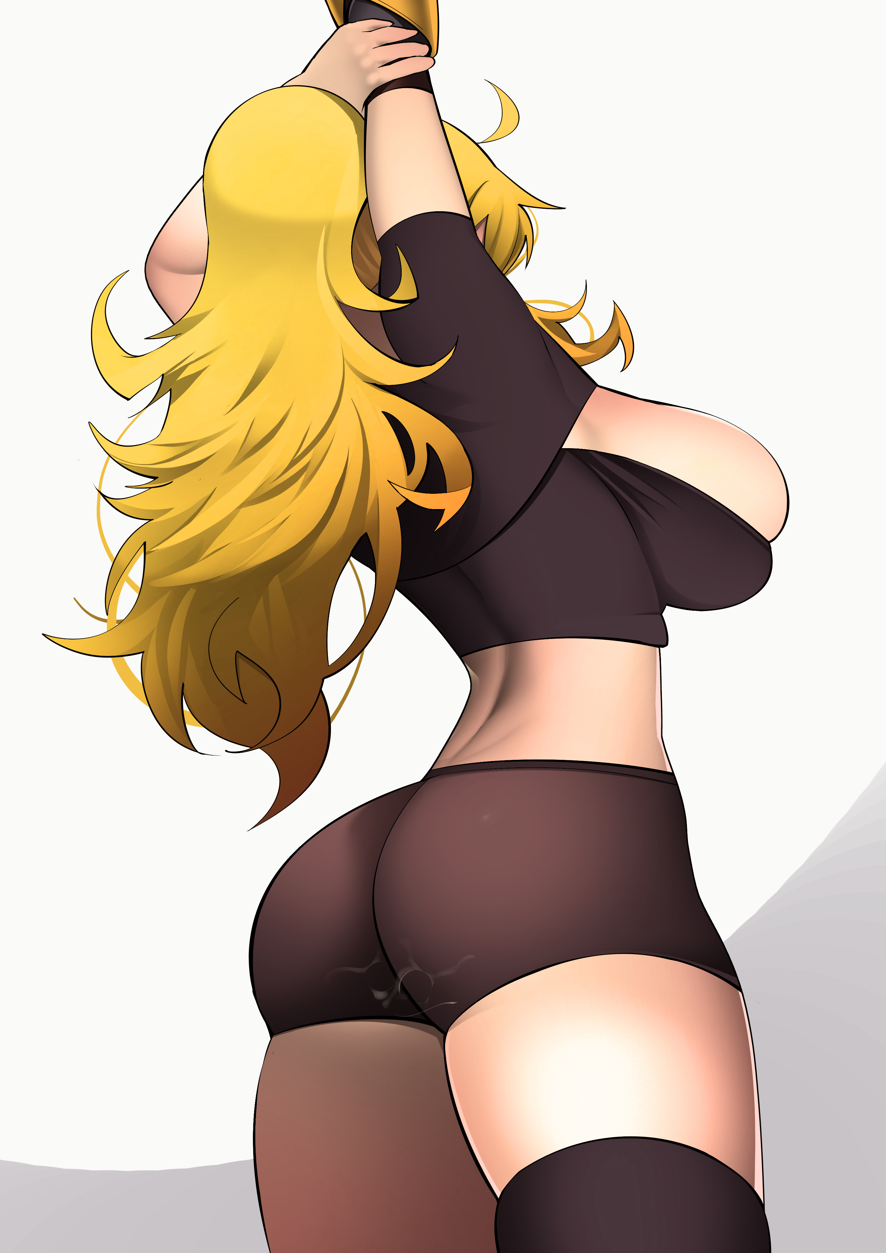 1girls, absurd res, ahoge, ass, blonde hair, breasts, bursting breasts, cleavage, curvy, female, from behind, hi res, high resolution, huge ass, large breasts, long hair, midriff, nachocobana, plain background, rwby, sideboob, simple background, solo, stretch, thighhighs, thighs, very high resolution, white background, wide hips, yang xiao long