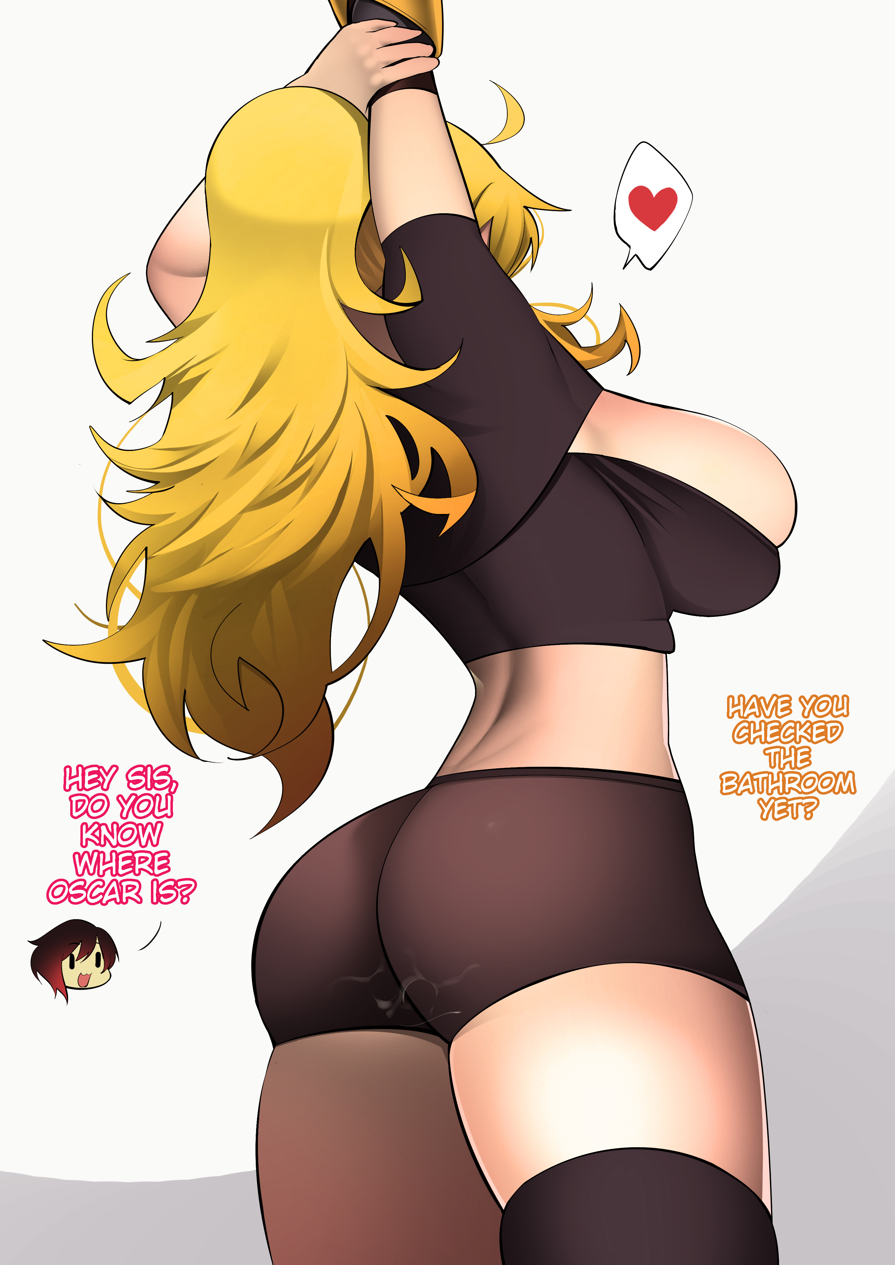 1girls, absurd res, ahoge, ass, blonde hair, breasts, bursting breasts, cleavage, curvy, female, from behind, hi res, high resolution, huge ass, large breasts, long hair, midriff, nachocobana, plain background, rwby, sideboob, simple background, solo, stretch, thighhighs, thighs, very high resolution, white background, wide hips, yang xiao long