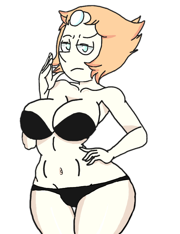 1girls alternate_breast_size bikini black_bra black_lingerie black_panties blue_eyes crystal_gem female forehead_jewel frown frowning half-closed_eyes hand_on_hip large_breasts lingerie looking_at_viewer orange_hair pale-skinned_female pale_skin pearl_(steven_universe) short_hair solo steven_universe strapless strapless_bra thigh_gap transparent_background underwear wide_hips