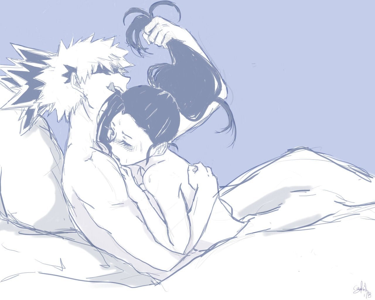 1boy, 1girls, bare shoulders, bed, bed sheet, blush, cleavage, closed eyes, convenient censoring, cowgirl position, embrace, female, greyscale, hair grab, hair pull, half-closed eye, half-closed eyes, hand on back, hug, implied sex, katsuki bakugou, laying down, leaning forward, licking lips, long hair, looking pleasured, lying on person, male, momo yaoyorozu, monochrome, my hero academia, no bra, nose blush, one eye closed, open smile, pleasure face, ponytail, ponytail hold, pulling hair, sex, side view, smile, sweat, tied hair, tongue, tongue out, topless, under covers, wink