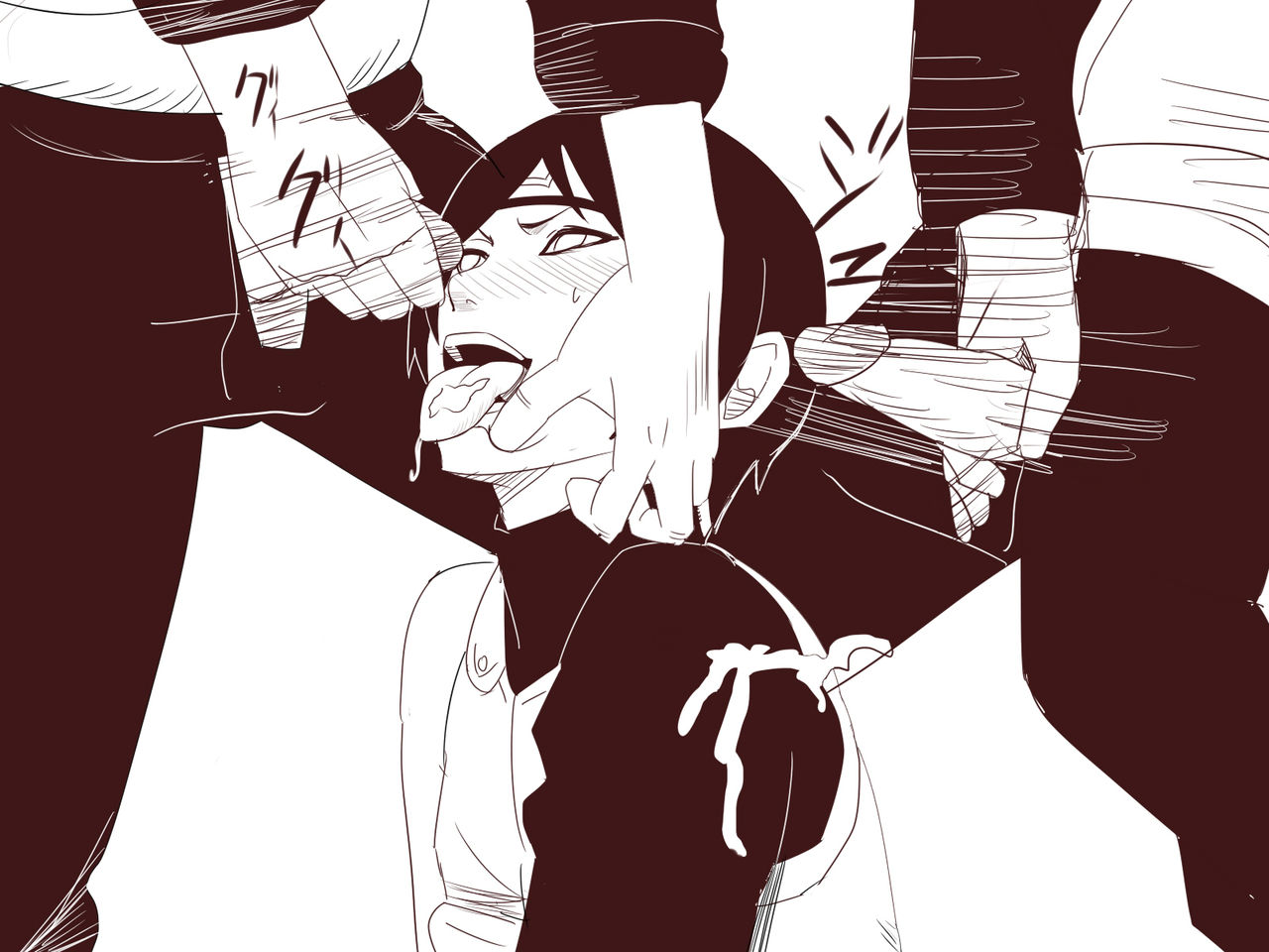 1girls, 2boys, black hair, blush, cum, cum drip, cum dump, cum in mouth, cum on arm, cum on clothes, cum on tongue, ejaculation, female, forehead protector, group sex, headband, kurotsuchi, male, monochrome, multiple boys, multiple males, multiple penises, naruto, naruto (series), naruto shippuden, nier (artist), partial male, penis, short hair, tongue, tongue out