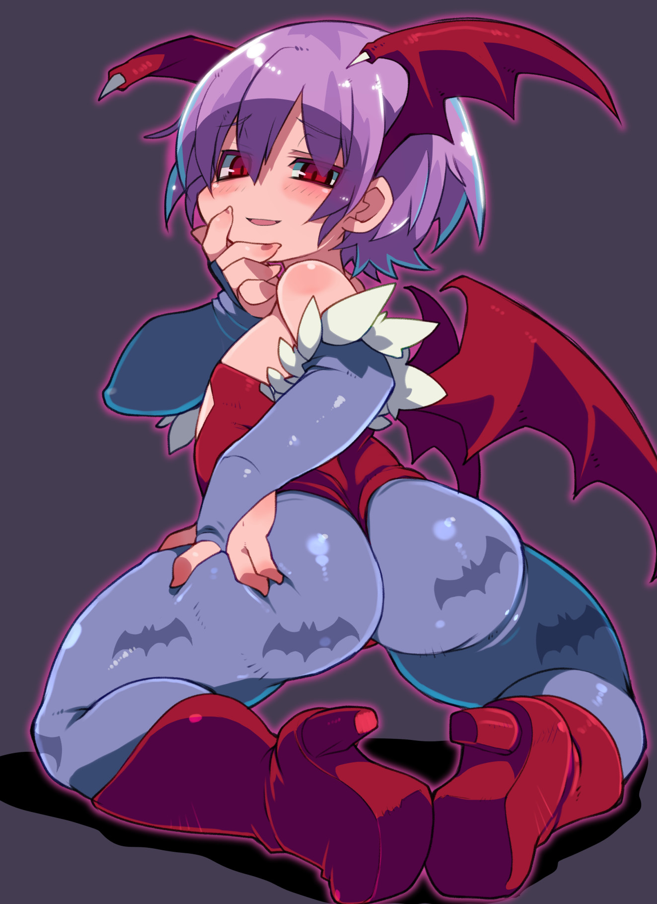 ass, ass grab, bare shoulders, blush, boots, bridal gauntlets, clothing, come hither, darkstalkers, deep skin, demon, female, flat chest, from behind, head wings, high heel boots, high heels, highres, huge ass, kneeling, leotard, lilith aensland, looking at viewer, looking back, open mouth, pantyhose, purple hair, red eyes, shiny, shiny clothes, shiny hair, shiny skin, short hair, smile, solo, succubus, thong leotard, wings, zankuro