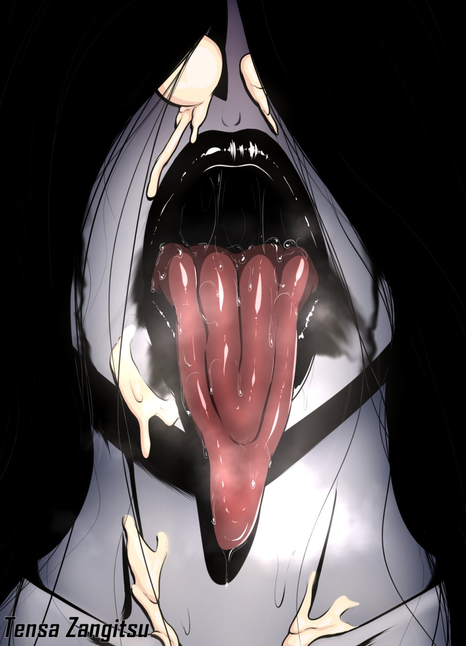 after oral, big lips, black hair, black lipstick, cum, cum in mouth, cum in nose, cum out nose, female, female only, long hair, long tongue, open mouth, runny makeup, tensa-zangitsu, the ring, tongue, tongue out, yamamura sadako