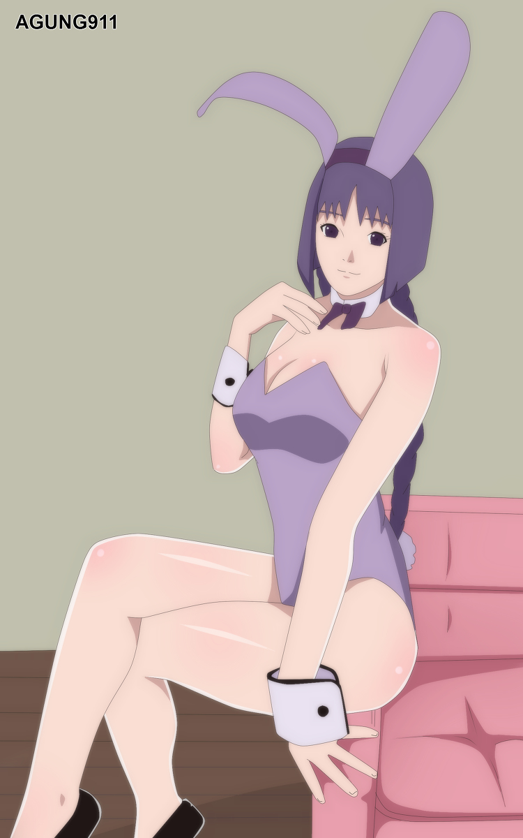 1girls, agung911, animal ears, bare shoulders, boruto: naruto next generations, braid, braided twintails, breasts, bunny ears, bunny girl, bunnysuit, cleavage, costume, detached collar, detached sleeves, fake animal ears, female, female only, footwear, hairband, kakei sumire, leotard, looking at viewer, naruto, naruto (series), purple eyes, purple hair, ribbons, sitting, smile