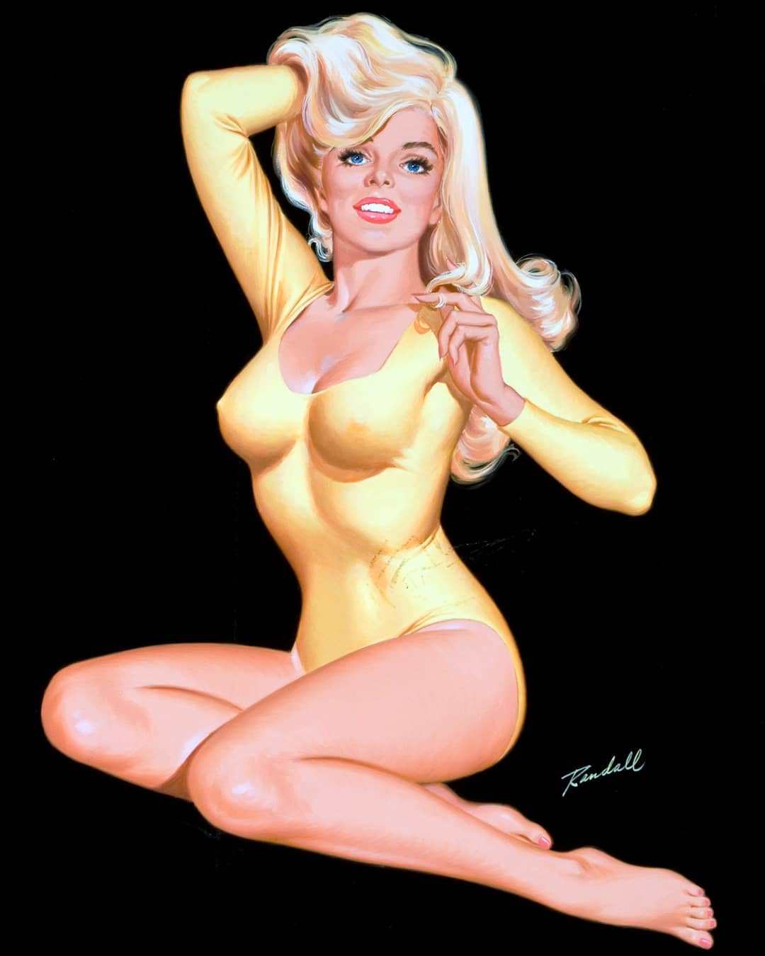 billrandall pinup_(style) pinup_girls pinup_pose posing retro_artstyle retro_artstyle_(western) simple_background solo_female solo_focus yellow_bodysuit