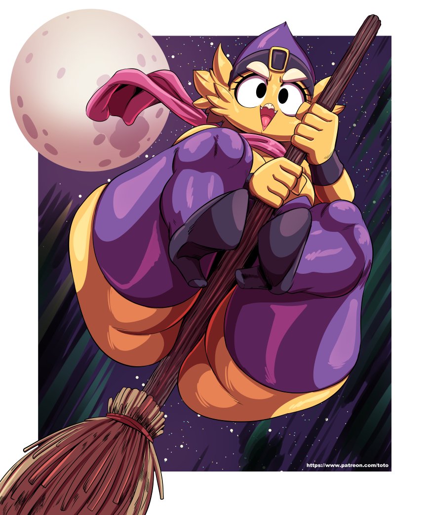 bird broom fabianoferreira fayga full_moon halloween makeup night purple_boots thick_thighs toto_draw witch_costume yellow_feathers