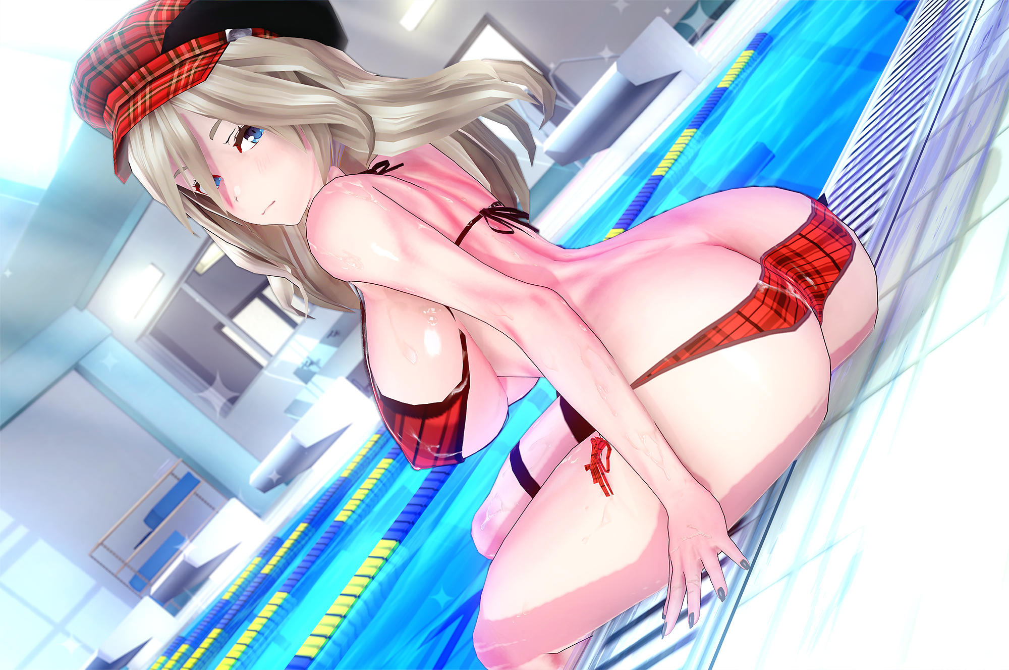 1girls, 3d, alisa ilinichina amiella, ass, ass cleavage, ass crack, big ass, big breasts, bikini, blonde hair, blush, breasts, butt crack, cocoron, female, god eater, hat, koikatsu, large breasts, looking back, pool, sideboob, sitting, solo, water