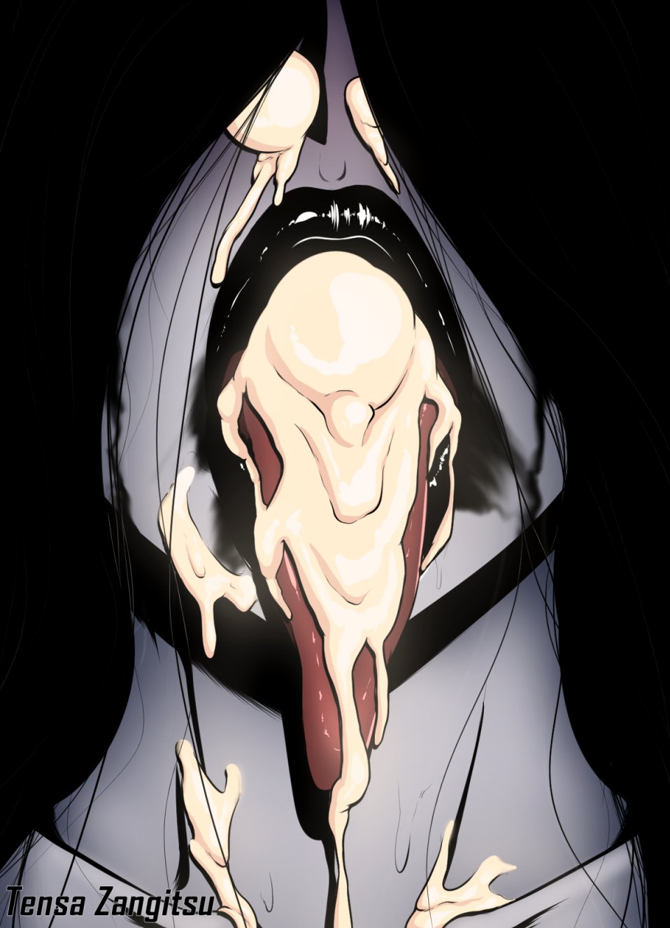 after oral, big lips, black hair, black lipstick, cum, cum in mouth, cum in nose, cum out nose, female, female only, long hair, long tongue, open mouth, runny makeup, tensa-zangitsu, the ring, tongue, tongue out, yamamura sadako