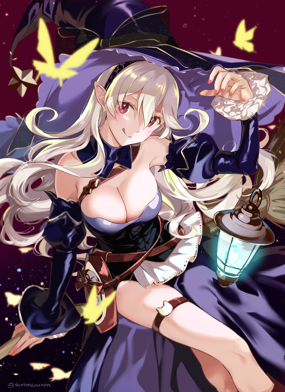 bare legs, bare shoulders, black headwear, blush, breasts, broom, broom riding, bug, butterfly, cleavage, commentary request, corrin (fire emblem), corrin (fire emblem) (female), detached collar, dress, female, fire emblem, fire emblem fates, floating hair, frilled sleeves, frills, hair between eyes, halloween, halloween costume, hat, highres, insects, juliet sleeves, lantern, large breasts, long hair, long sleeves, manakete, misu kasumi, nintendo, pointy ears, puffy sleeves, red background, red eyes, silver hair, solo, solo female, tiara, tongue, tongue out, twitter username, witch, witch hat