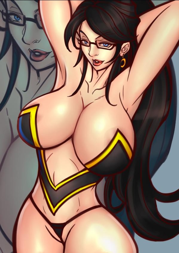 1girls alternate_breast_size areola_slip areolae bayonetta bayonetta_(character) black_hair blue_eyes breasts breasts_bigger_than_head cleavage earrings female female_only glasses hourglass_figure huge_breasts large_breasts lipstick long_hair looking_at_viewer ngtvisualstudio panties revealing_clothes smile solo thong