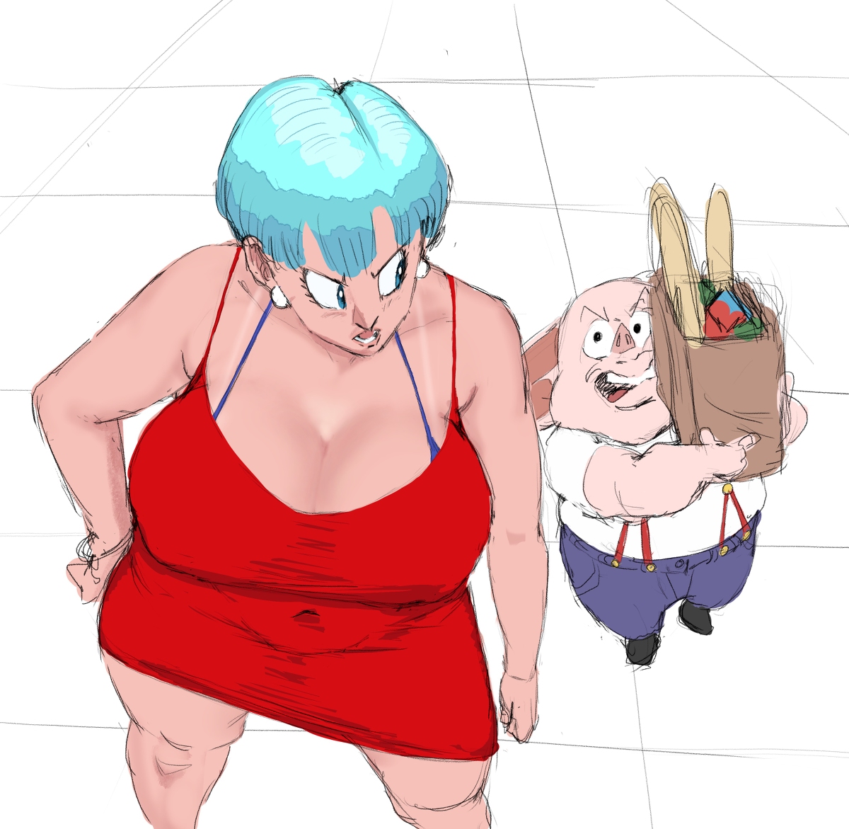 angry, big breasts, blue eyes, blue hair, breasts, bulma briefs, cleavage, dragon ball, dragon ball z, female, grocery bag, huge breasts, large breasts, milf, oolong, size difference, tanline, tanlines, zetomeso