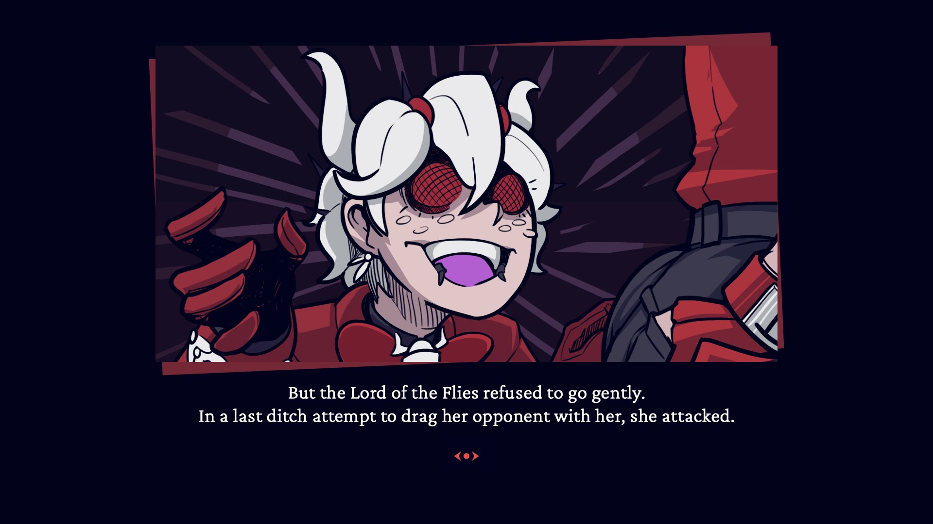 beelzebub (helltaker), boxman, demon, demon girl, demon horns, demon tail, female, helltaker, horns, justice (helltaker), red eyes, tail, text, white hair