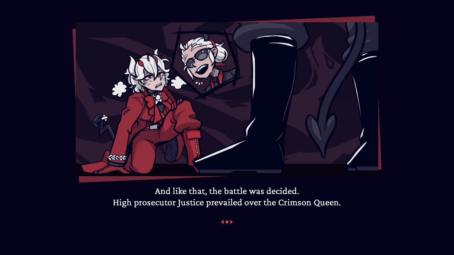 beelzebub (helltaker), boxman, demon, demon girl, demon horns, demon tail, female, helltaker, horns, justice (helltaker), red eyes, sunglasses, tail, text, tinted eyewear, white hair