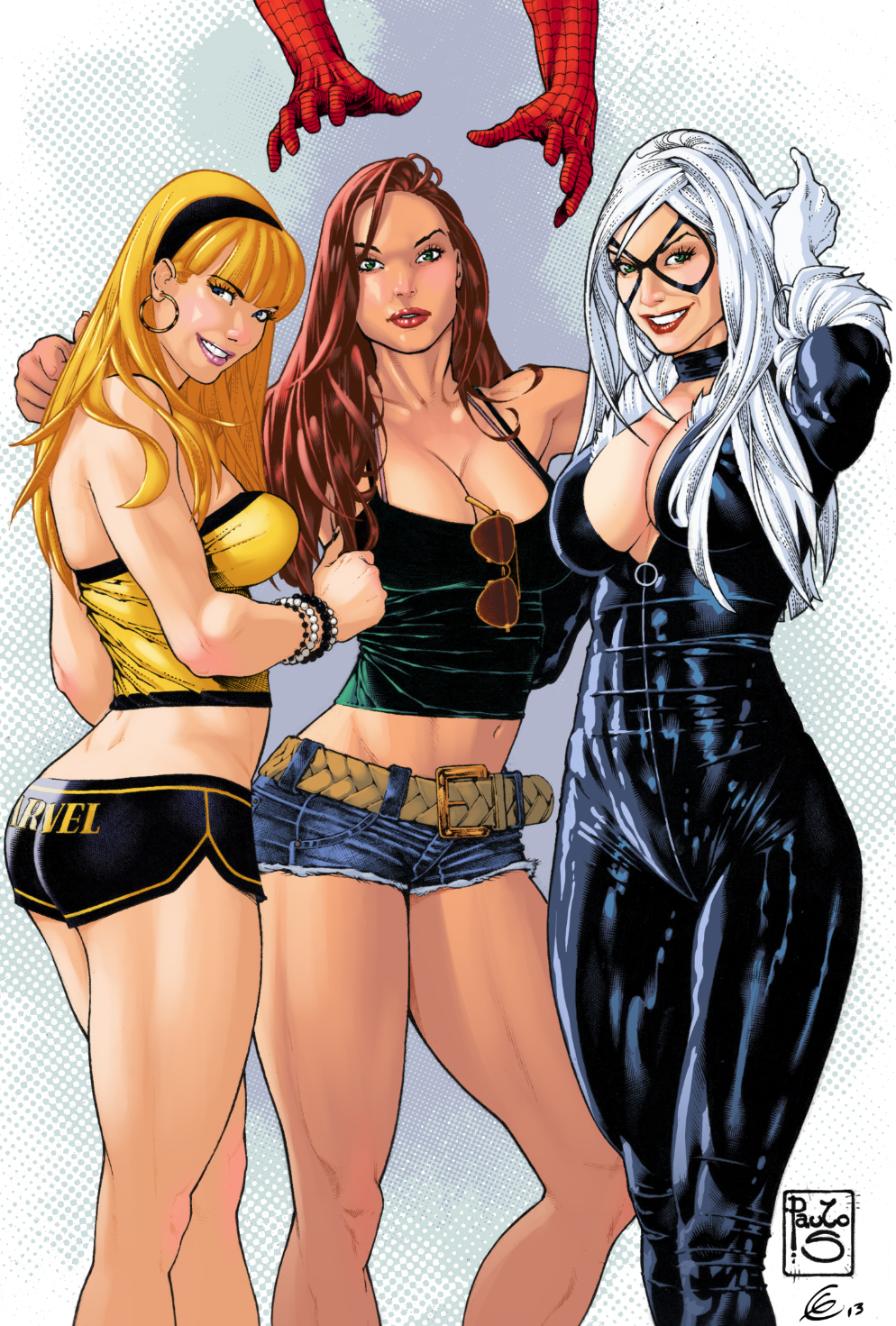 1boy 3girls alternate_version_available big_breasts black_cat_(marvel) black_thong blonde_hair blue_eyes blue_skirt breasts busty choker cleavage cleavage_cutout clothed curvy eagle_gosselin felicia_hardy female gwen_stacy gwen_stacy_(classic) hairband hand_on_shoulder headband human label light-skinned_female light_skin long_hair looking_at_viewer male marvel marvel_comics mary_jane_watson mask midriff model multiple_girls nail_polish nails ot4 paulo_siqueira peter_parker pinup red_hair red_lips red_lipstick signature spider-man spider-man_(series) superheroine thong tight_clothes tight_clothing tight_shirt visible_penis_shape voluptuous white_hair