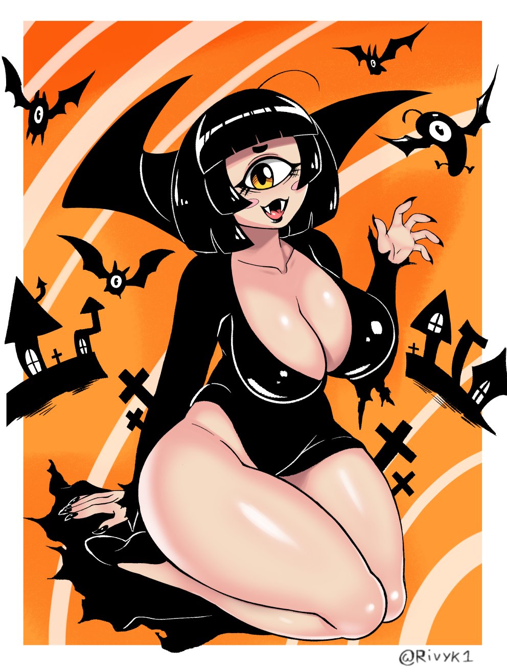 1girls :3 big_breasts breasts cleavage cyclops eileen_(rivyk) female female_only halloween large_breasts looking_at_viewer one_eye open_mouth rivyk solo thick_thighs voluptuous wide_hips