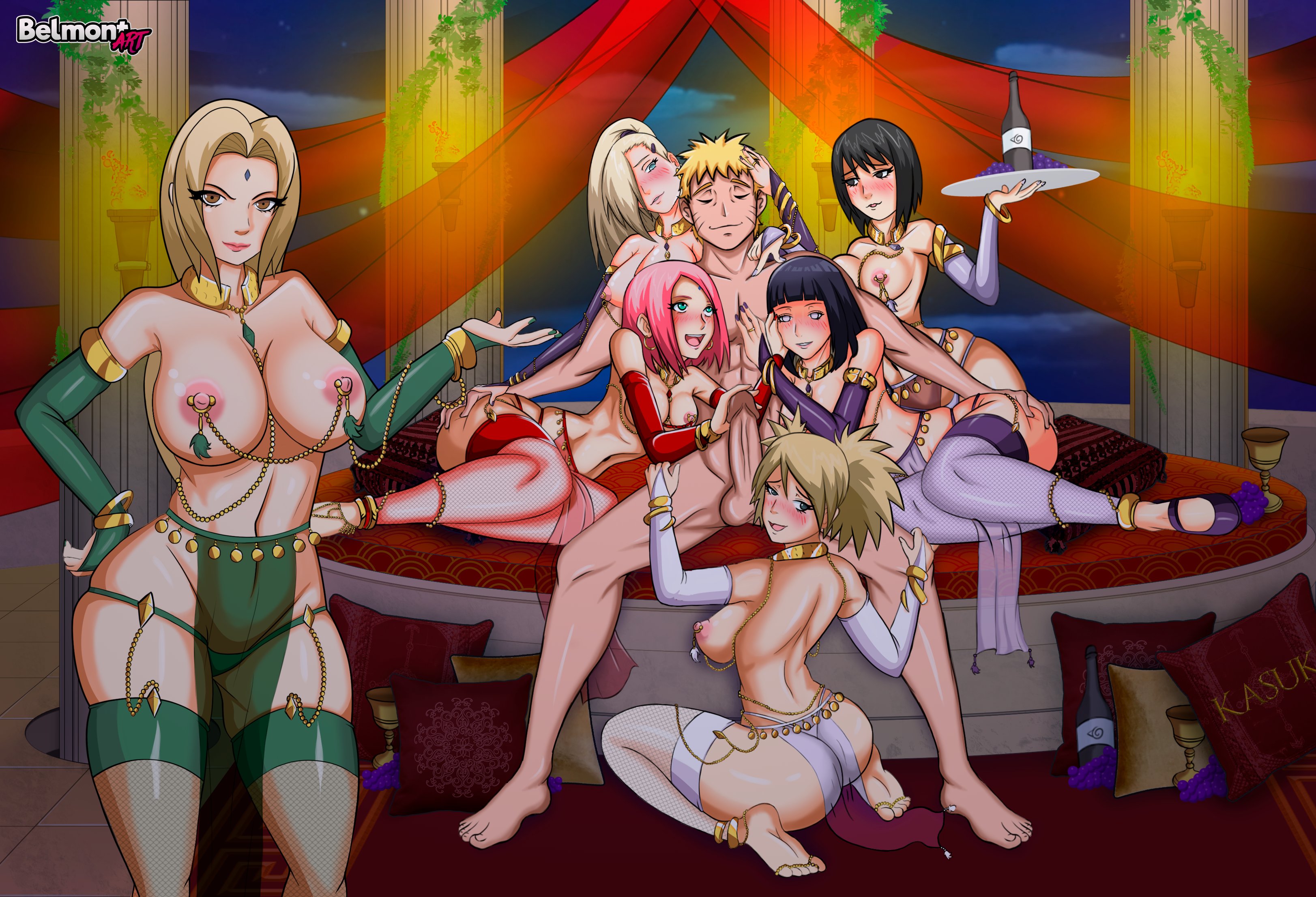 1boy, 6girls, arabian clothes, areolae, ass, ass grab, barefoot, belly dancer, belmont, black eyes, black hair, black-haired female, blonde hair, blonde-haired female, blonde-haired male, blue eyes, blush, boruto: naruto next generations, breasts, bridal gauntlets, brown eyes, choker, clothed female nude male, clothing, detached sleeves, drink, erection, facial mark, facial markings, feet, female, forehead mark, fruit, grapes, green eyes, hair over one eye, hand on ass, hand on penis, haruno sakura, hyuuga hinata, hyuuga hinata (naruto: the last), ino yamanaka, kneeling, lipstick, looking at partner, looking at viewer, lying, makeup, male, multiple females, multiple girls, nail polish, naruto, naruto (series), naruto shippuden, naruto: the last, nipple piercing, nipples, on side, ornament, panties, partially clothed, penetration, penis, piercing, pink hair, pink-haired female, purple hair, revealing clothes, sakura haruno, shizune, shoes, sitting, soles, standing, stockings, temari, tied hair, toes, tray, tsunade, uzumaki naruto, violet eyes, whisker markings, whiskers, wide hips, yamanaka ino