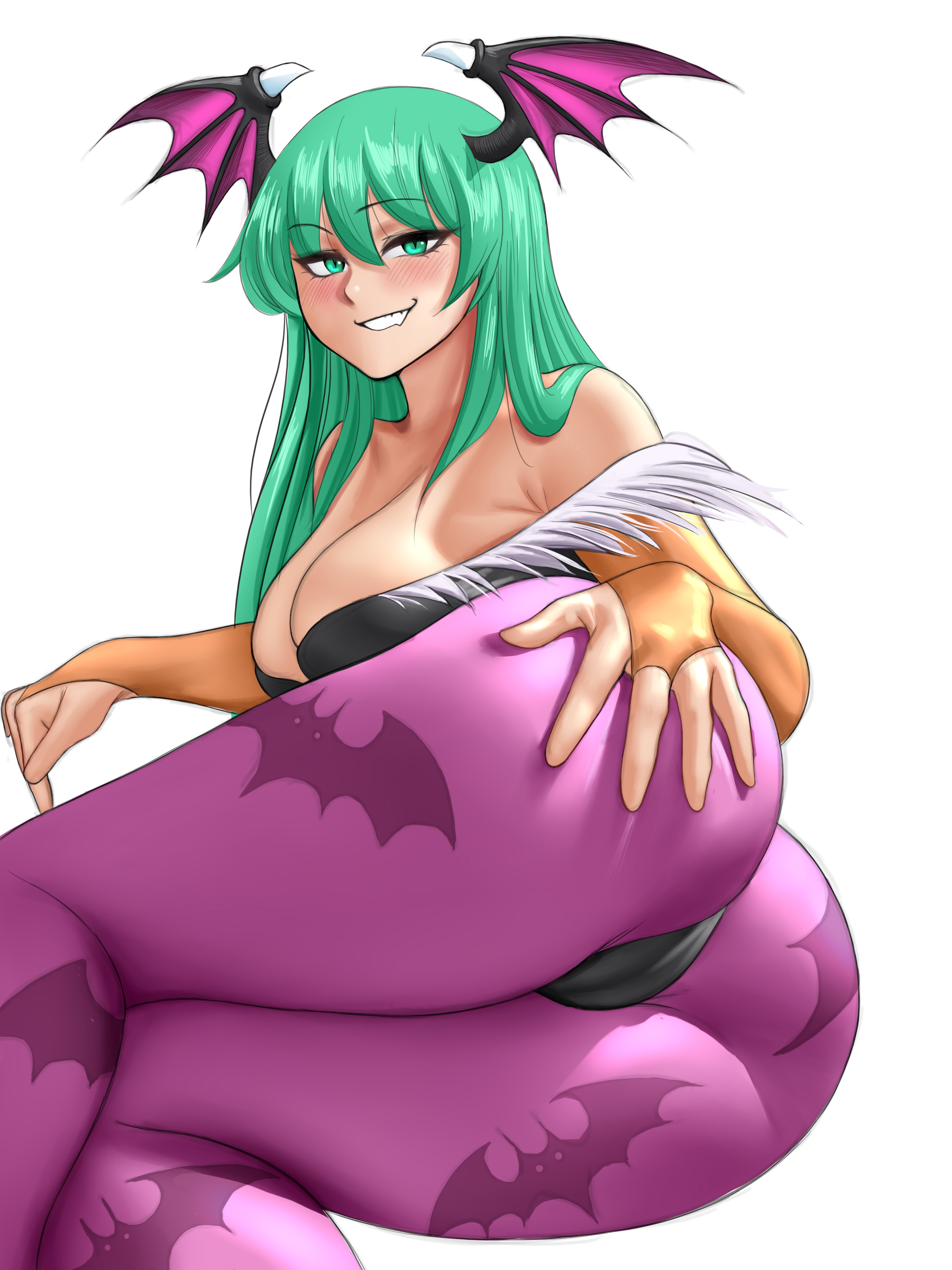 1girls, armwear, ass, big ass, big breasts, big butt, blush, breasts, clothing, darkstalkers, demon, eye contact, female, female focus, female only, grabbing ass, half-closed eyes, jiuukek, large breasts, leotard, long hair, looking at viewer, morrigan aensland, pantyhose, seductive eyes, succubus, thick thighs, thighs, turquoise eyes, turquoise hair, white background