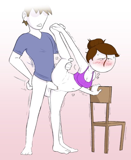 accurate art style, blush, bottomless, brown hair, chair, clothed, curvy, female, fucked silly, hair bun, holding leg, leg up, let me explain studios, male, mannysdirt, meme, no mouth, on model, partially clothed, penetration, penis, penis in pussy, pussy, rebecca parham, sex, shaking, splits, sports bra, sweat, trembling, unhappy female, vaginal penetration, vaginal sex, vertical splits, youtube, youtuber