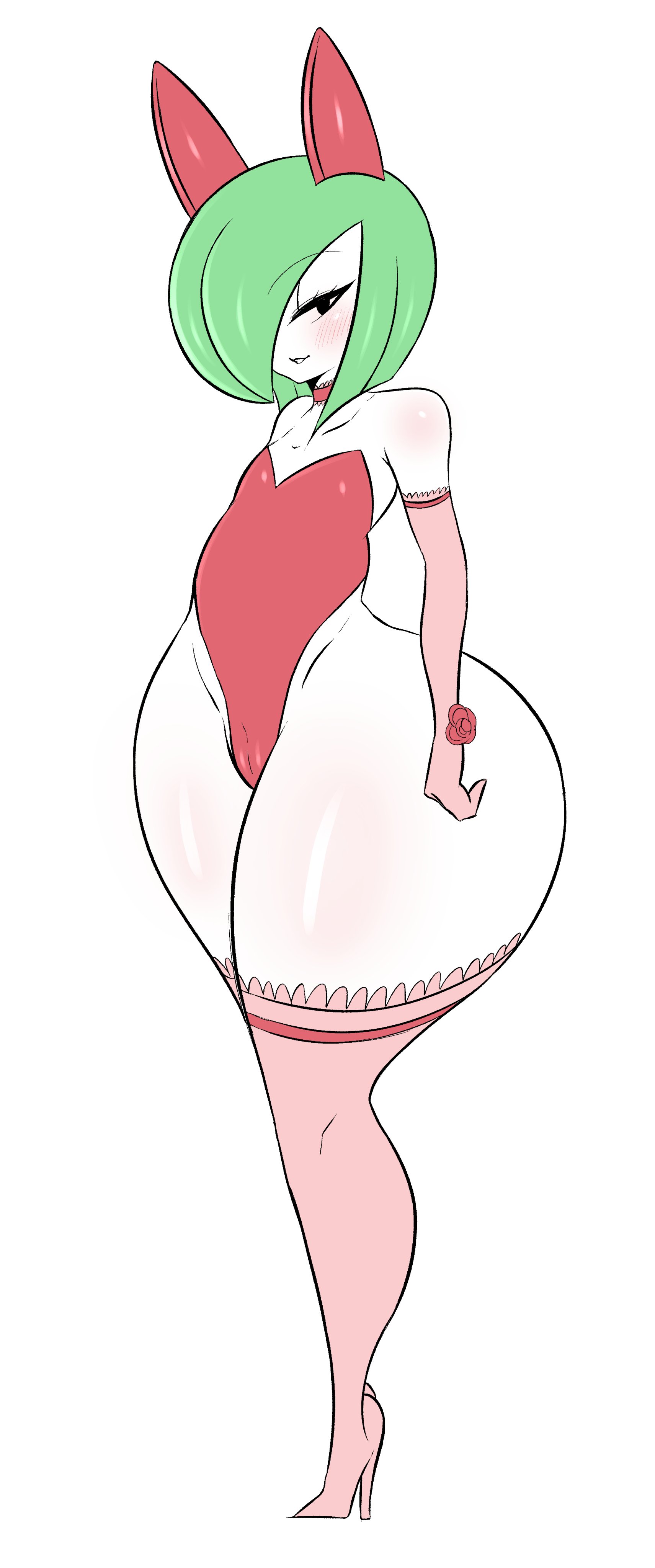 1girls, anthro, ass, big ass, blush, cameltoe, choker, elbow gloves, female, female only, flat chest, gloves, green hair, high heel boots, huge ass, huge thighs, kirlia, nintendo, pokemon, pokemon (species), pokemon rse, pussy, saltyxodium, solo, solo female, standing, thick thighs, thighs, true flat chest, white background, white skin