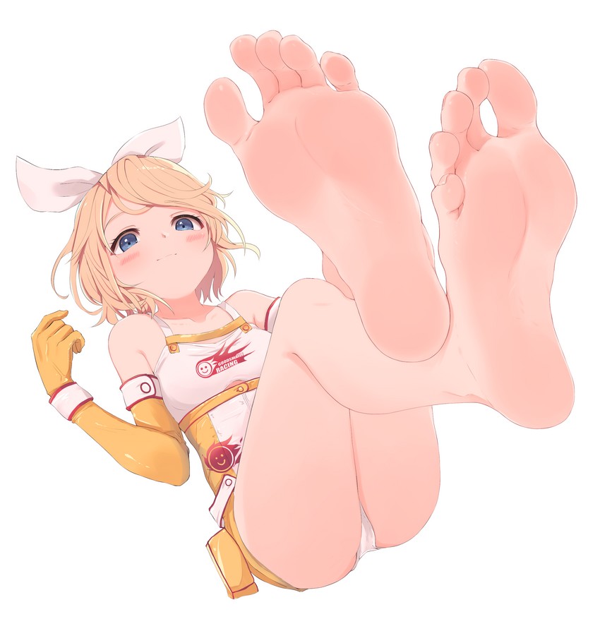 ass bare_legs bare_shoulders barefoot blonde_hair blue_eyes blush bow breasts closed_mouth clothes_writing collarbone dress elbow_gloves feet feet_up female foot_focus foreshortening gloves hairbow highres kagamine_rin kahlua kahlua_(artist) legs_up lying on_back panties short_dress short_hair small_breasts smile soles solo toes two-tone_dress underwear vocaloid white_dress white_panties wristband yellow_dress yellow_gloves