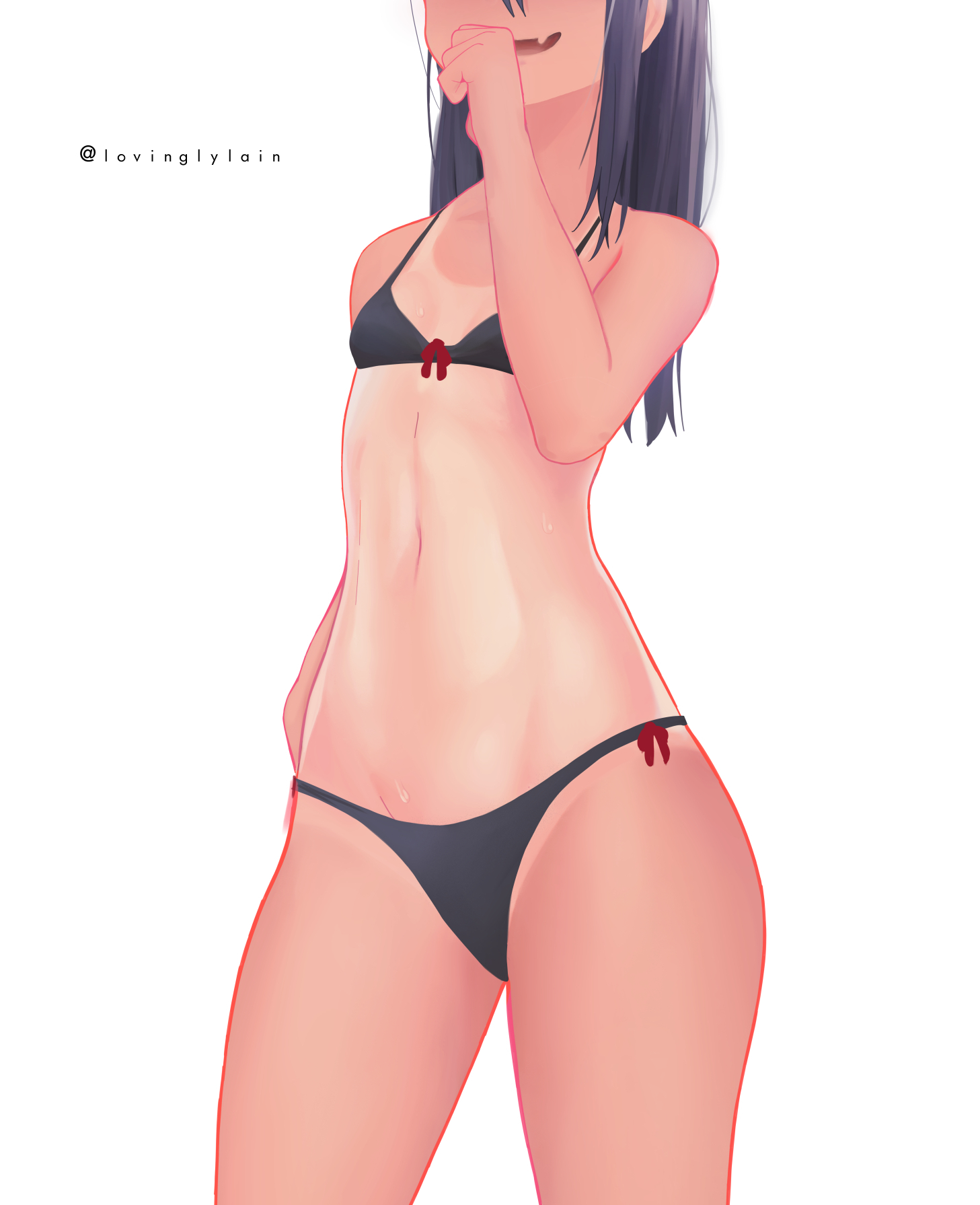 1girls, abs, bikini, black hair, breasts, fangs, female, female focus, female only, flat chest, hayase nagatoro, hi res, hips, long hair, lovinglylain, open mouth, please don't bully me, nagatoro, pose, simple background, small breasts, smirk, smug, solo, sweat, swimsuit, tan, tanlgefoot, tanline, tomboy, tummy, watermark, white background
