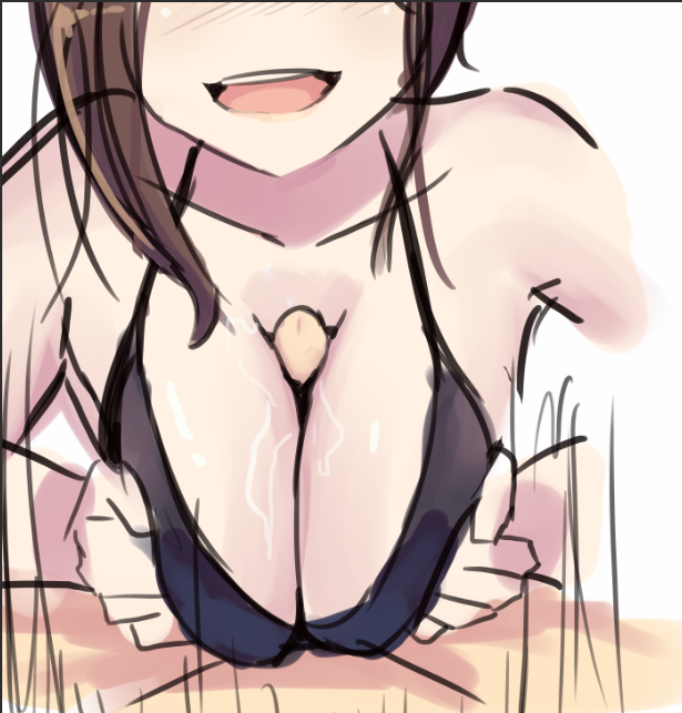 1boy 1girls breast_squeeze breasts brown_hair cleavage faceless female gear_art large_breasts lips male motion_blur open_mouth open_smile paizuri paizuri_lead_by_female penis re:zero_kara_hajimeru_isekai_seikatsu shaula_(re:zero) sidelocks smile straight work_in_progress