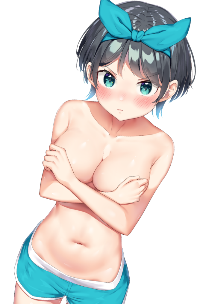 aqua eyes, black hair, blue ribbon, blue shorts, blush, breasts, collarbone, commentary request, covering, covering breasts, cowboy shot, cute, dutch angle, female, hair ribbon, human, human only, k mugura, kanojo okarishimasu, looking at viewer, medium breasts, navel, pout, ribbon, sarashina ruka, short hair, short shorts, shorts, simple background, solo, stomach, topless, v-shaped eyebrows, white background