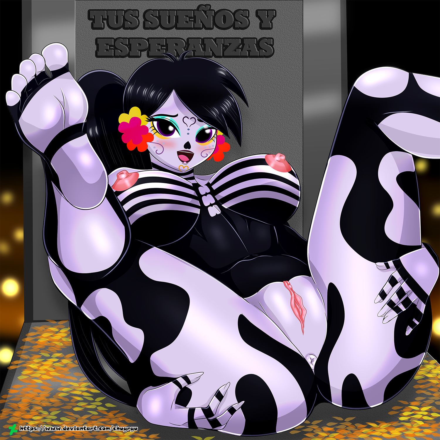 1girls, black hair, bodypaint, breasts, catalina la catrina, dia de los muertos, female, hair flower, long hair, nipples, ponytail, purple eyes, purple skin, pussy, skeleton, spanish text, spread legs, vagina, yellow sclera