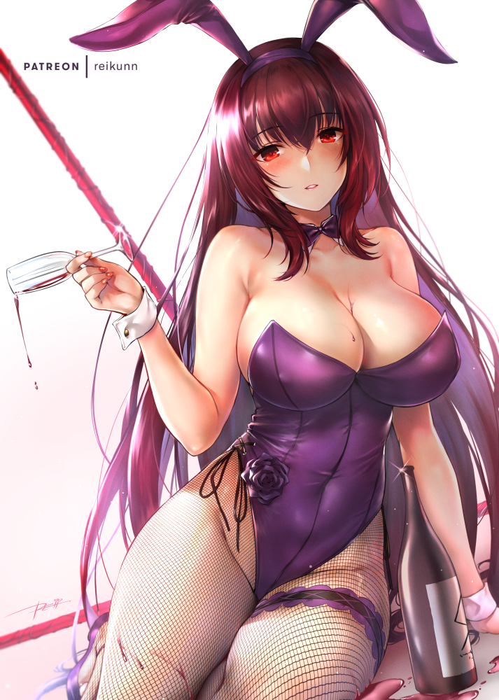 alcohol animal_ears bangs bare_shoulders blush bottle breasts bunny_ears bunnysuit cleavage cup detached_collar drink drinking_glass fake_animal_ears fate/grand_order fate_(series) female fishnet_legwear fishnets gae_bolg large_breasts leotard long_hair looking_at_viewer pantyhose piercing_bunny polearm purple_hair purple_leotard red_eyes rei_kun scathach_(fate) scathach_(piercing_bunny) sitting smile spear weapon wine wine_bottle