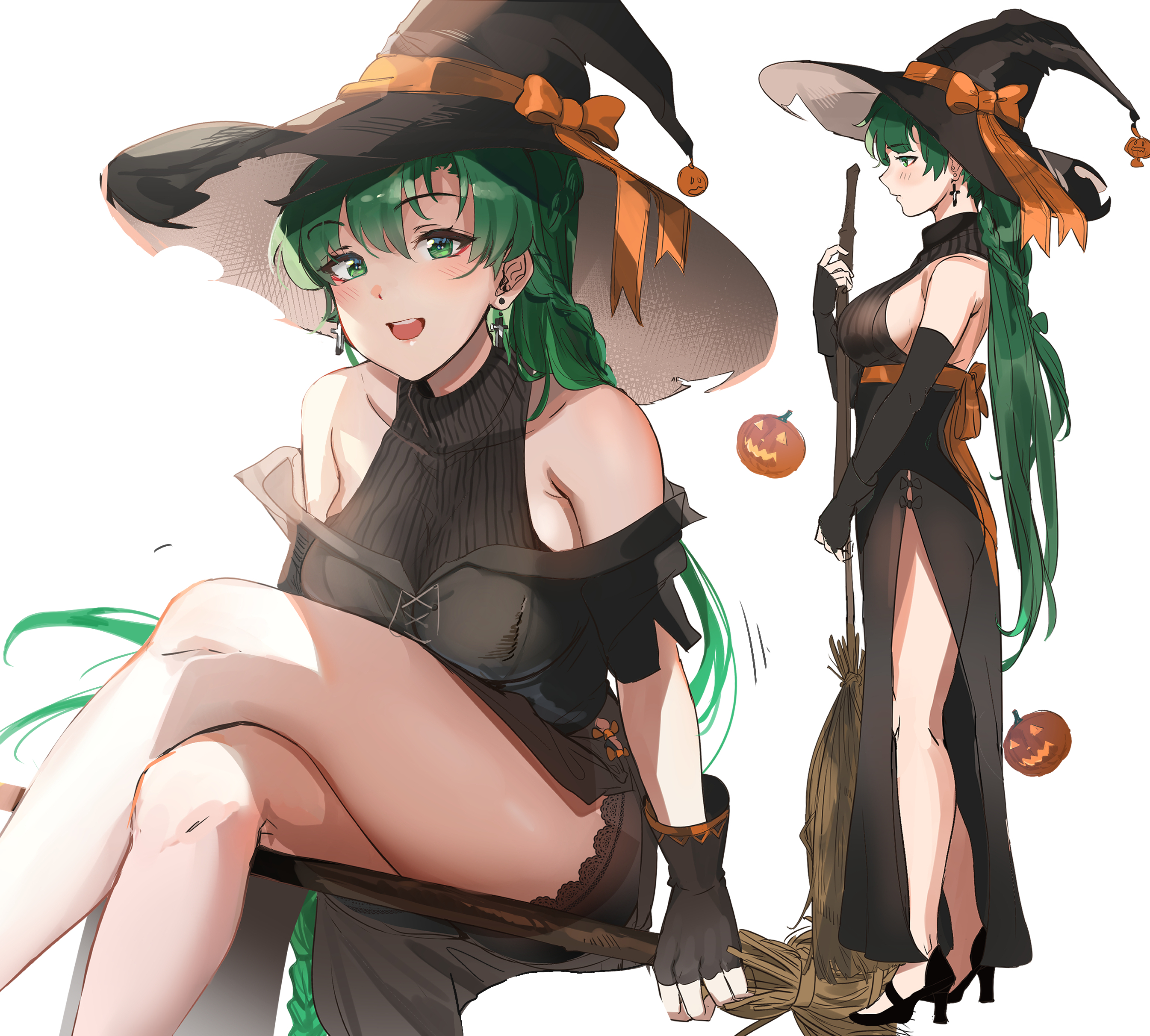 absurdres, alternate costume, asymmetrical bangs, bangs, bare legs, bare shoulders, black dress, blush, breasts, broom, broom riding, dress, female, fire emblem, fire emblem: the blazing blade, green eyes, green hair, halloween, halloween costume, hat, high heels, high ponytail, highres, large breasts, long hair, looking at viewer, lyn (fire emblem), lyndis (fire emblem), multiple views, nintendo, open mouth, ormille, ponytail, simple background, sitting, smile, solo female, white background, witch, witch hat