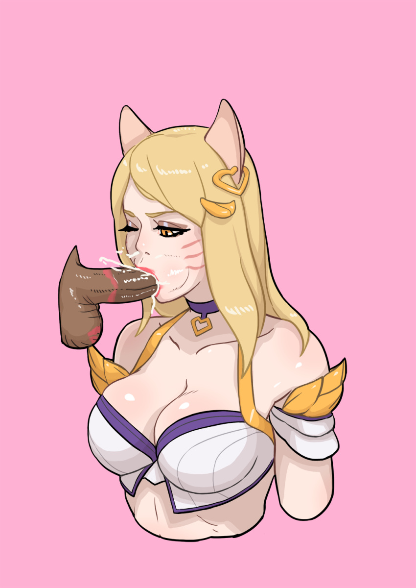 ahri argskit balls bare_shoulders big_breasts blonde_hair blowjob breasts busty choker cleavage cum cum_in_mouth cum_inside cum_out_nose dark-skinned_male dark_skin fellatio female female_focus figure hair hourglass interracial k/da_ahri k/da_series league_of_legends lipstick makeup male mark_of_on_oral_penetration penis sex tagme testicles