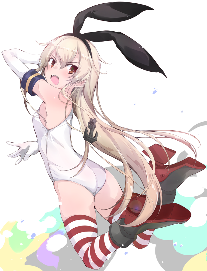 blonde_hair blush brown_eyes elbow_gloves eyebrows_visible_through_hair female full_body gloves hair hair_between_eyes kantai_collection long_hair one-piece_swimsuit open_mouth rudder_footwear school_swimsuit shimakaze_(kantai_collection) solo striped striped_legwear swimsuit thighhighs white_gloves white_swimsuit yumesato_makura